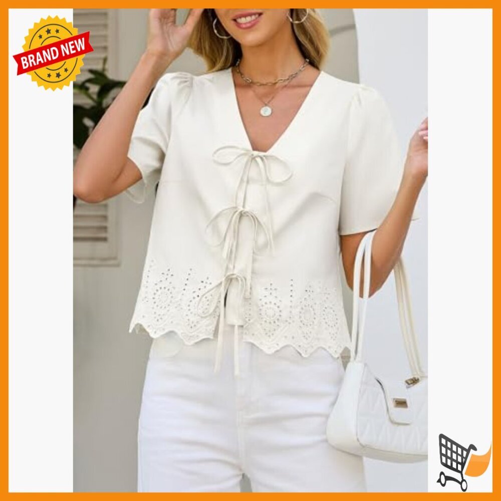 V-Neck Tie Front Crop Top with Puff Sleeves and Eyelet Embroidery - Picture 6 of 7